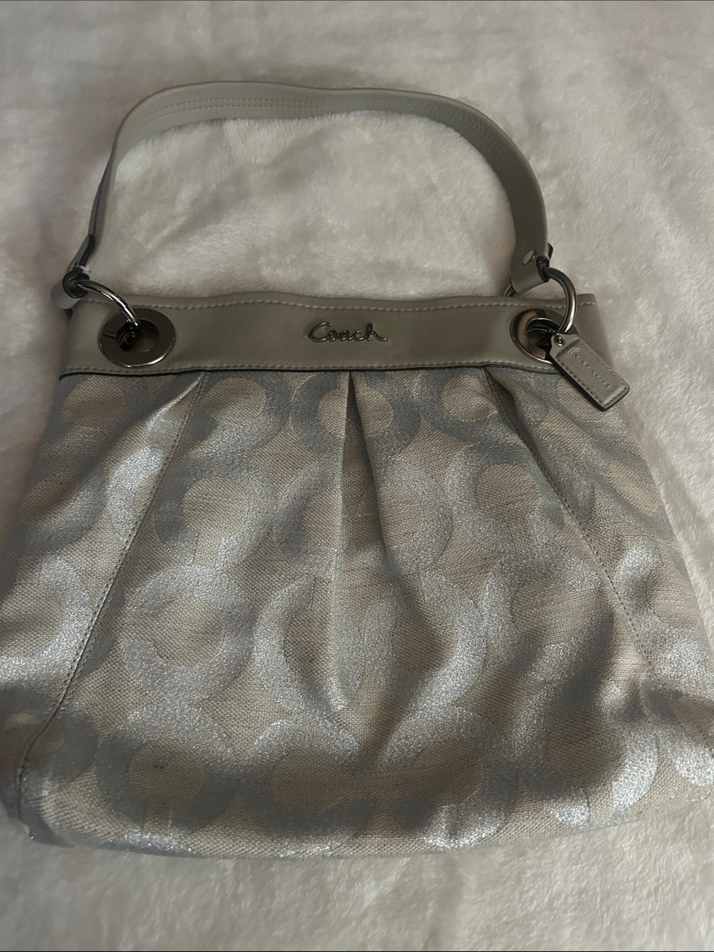 Coach Metallic Silver Signature Pleated Shoulder Bag